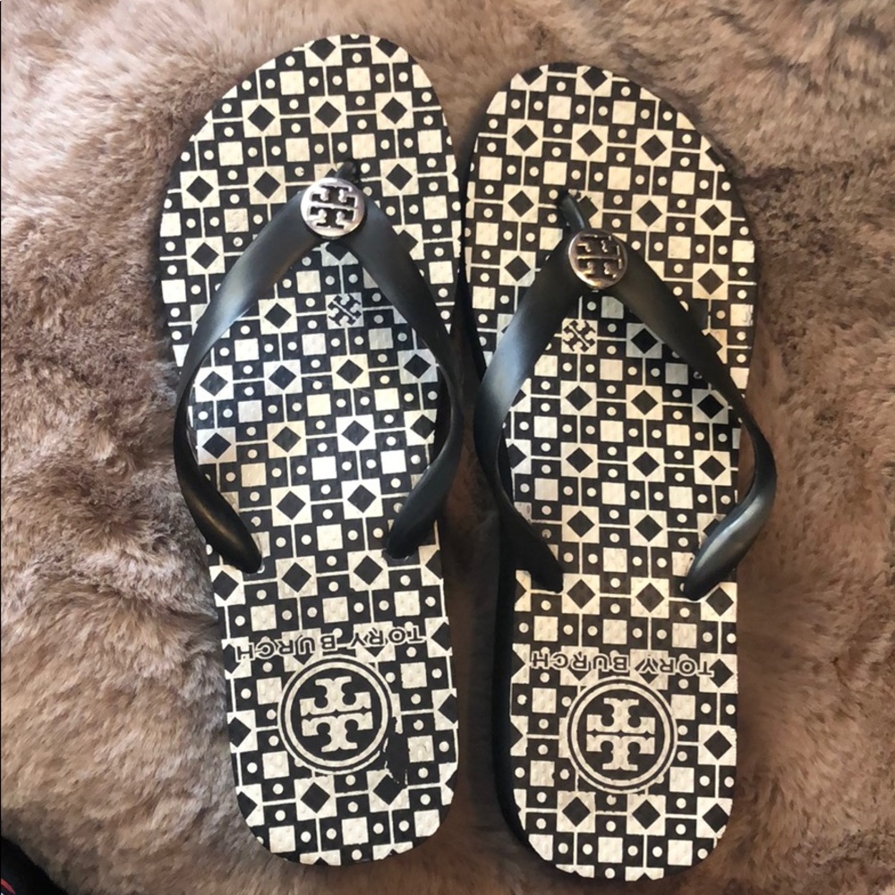 Tory Burch black and white wedge flip-flop Sz 8